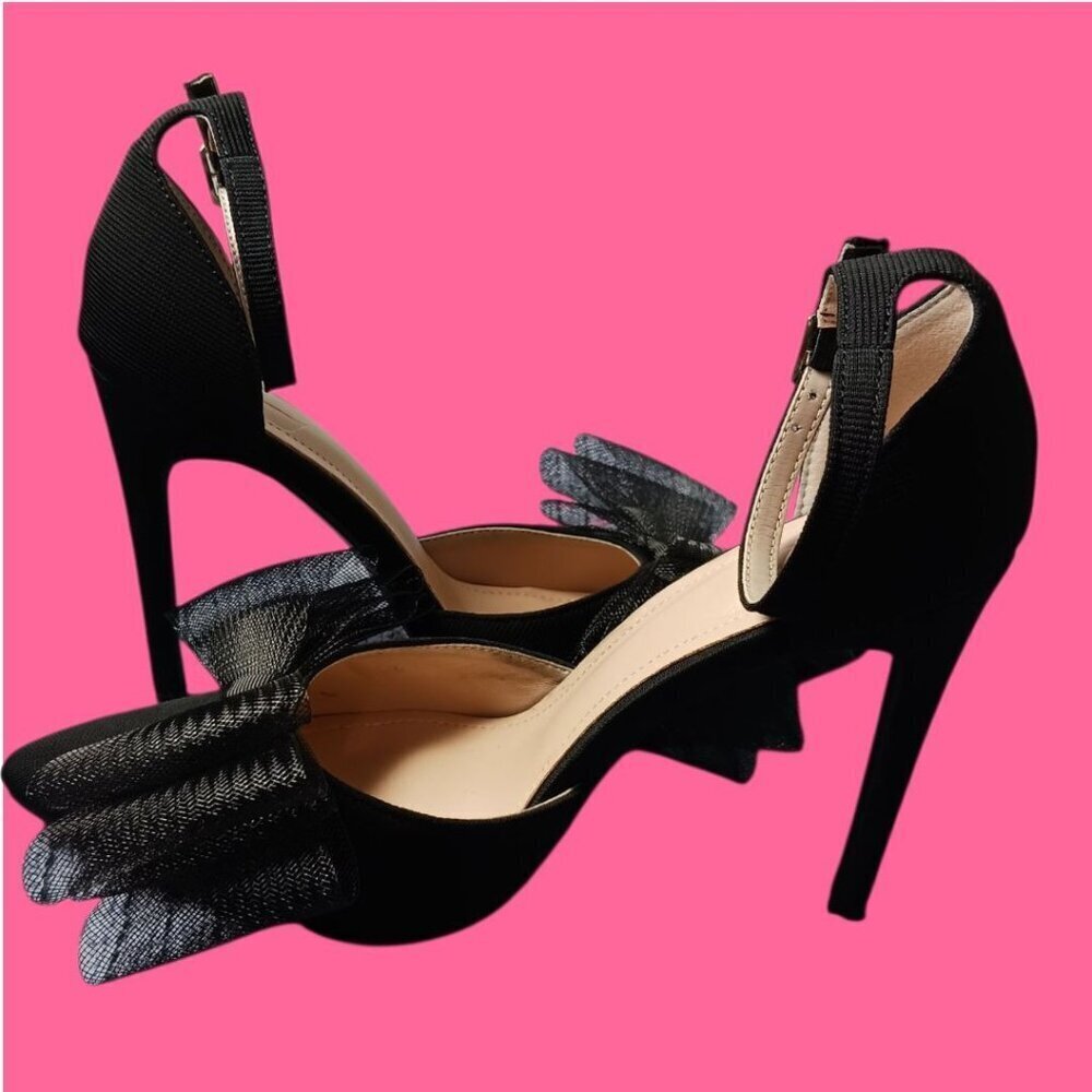 Pointed Toe Heels With Tulle Bow Detail & Ankle Strap Elegant Womens Size 37 - Picture 5 of 16